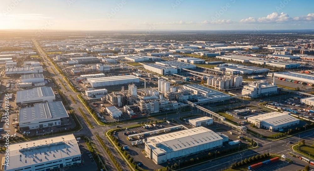 Fototapeta premium Expansive Industrial Estate Under a Clear Sky, Showcasing Manufacturing and Logistics Hub