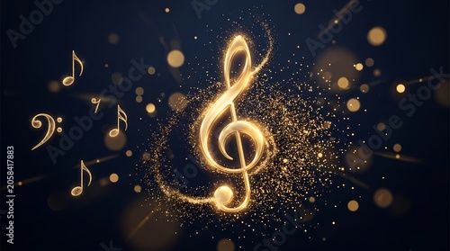 Elegant golden musical notes and treble clef sparkling with shimmering particles, creating a beautiful and harmonious abstract composition