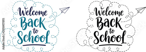 Tableau sur toile Welcome back to school silhouette lettering with paper airplane isolated on tran
