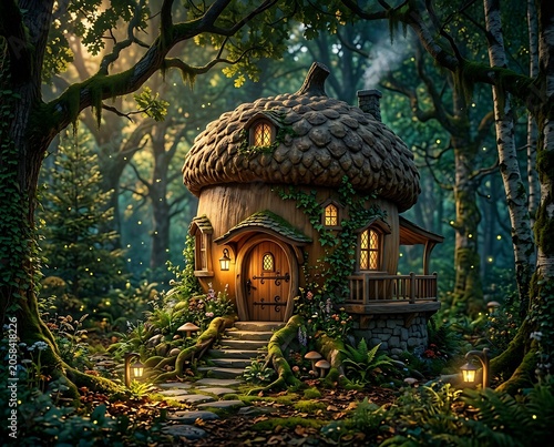 Magical Acorn House in an Enchanted Fairy Forest at Night