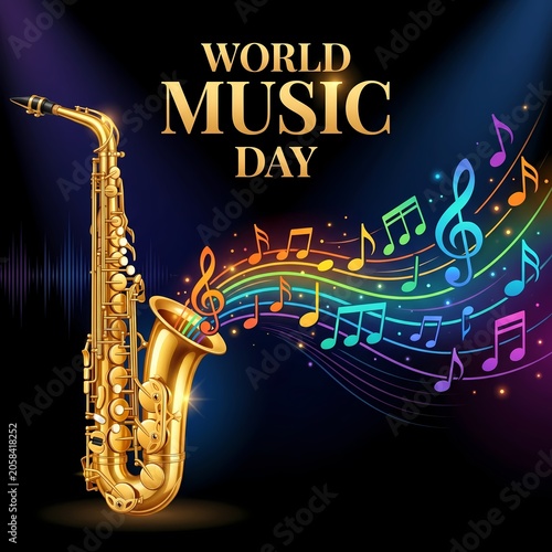Golden saxophone illustration with colorful musical notes on a dark background for World Music Day celebration banner