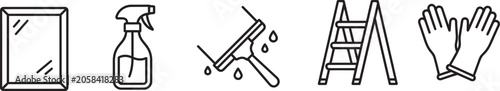 Window and surface cleaning equipment line set featuring mirror, spray bottle, squeegee, stepladder, and protective rubber cleaning gloves