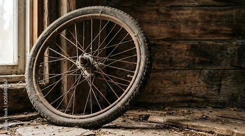 Old Rusty Bicycle Wheel Leaning Against a Weathered Wooden Barn Wall