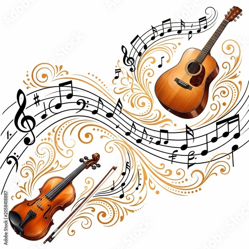 Artistic musical composition featuring acoustic guitar and violin with flowing golden swirls and notes