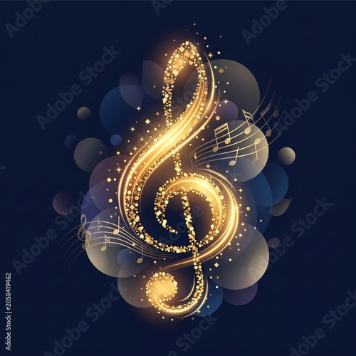Sparkling Golden Treble Clef Music Symbol with Glowing Bokeh Background