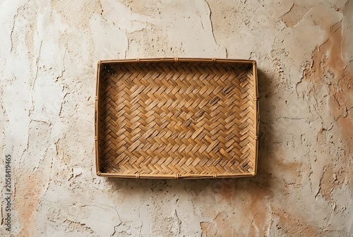 Rectangular woven bamboo tray on a textured rustic plaster wall background