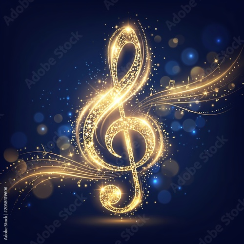 Dazzling Golden Treble Clef with Sparkling Light Trails and Bokeh Effects on a Dark Blue Background, Embodying Musical Elegance and Celebration