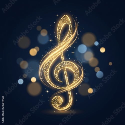 Golden Treble Clef Symbol with Sparkles and Bokeh Background