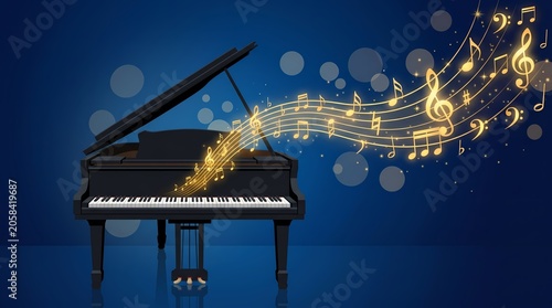 Elegant Grand Piano with Glowing Golden Music Notes on Dark Blue Background Illustration