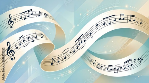 Elegant Abstract Musical Ribbon Background with Flowing Staff and Notes