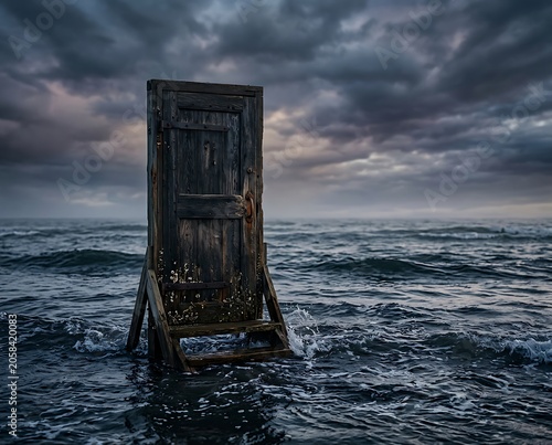 Surreal Wooden Door Standing in the Middle of a Stormy Ocean