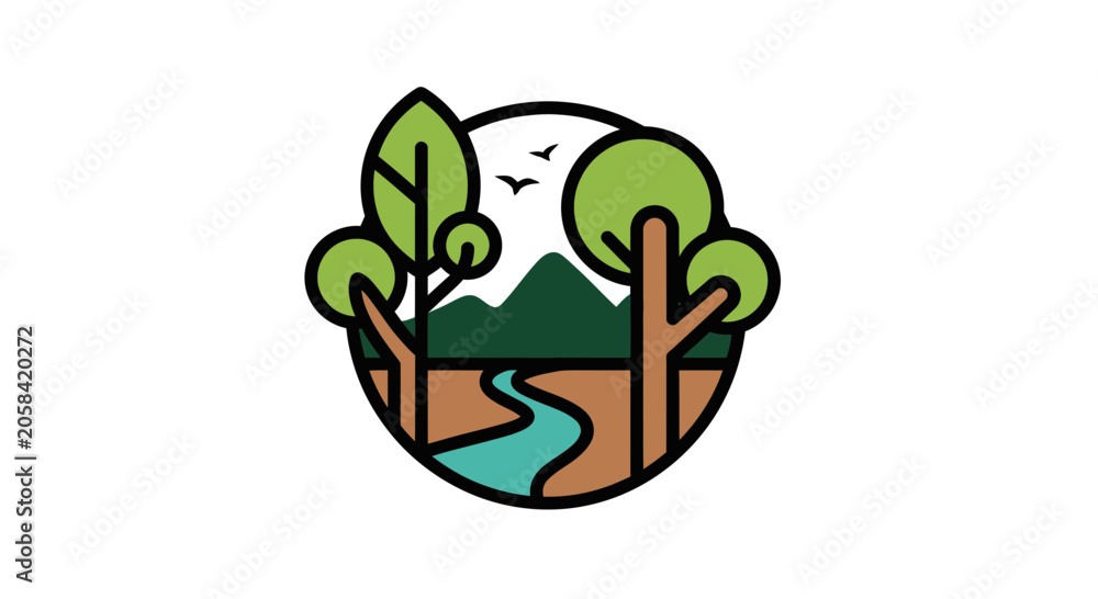 Fototapeta premium Minimalist Nature Landscape Vector Illustration with Trees and River