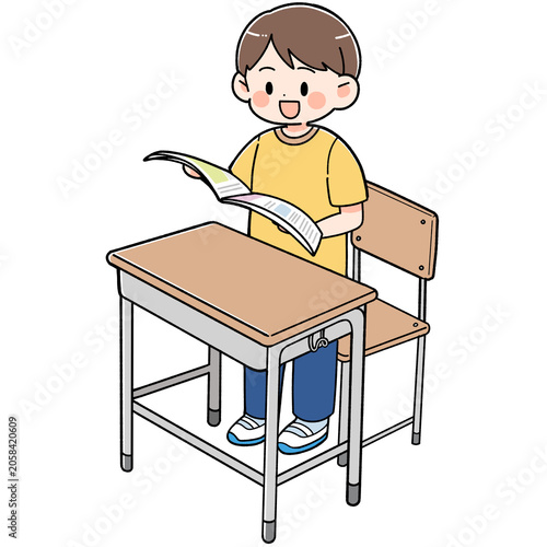 授業中に立って教科書を読む男の子のイラスト