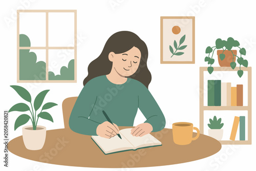Cozy woman writing in journal at desk illustration