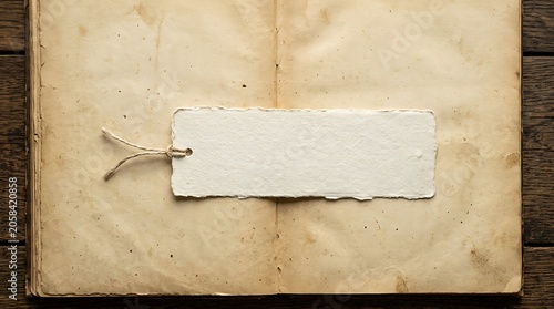 Vintage open book with blank paper tag on dark wooden surface
