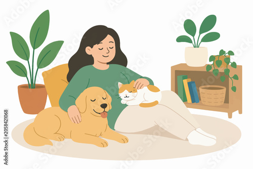 Cozy woman relaxing at home with her golden retriever dog and cat