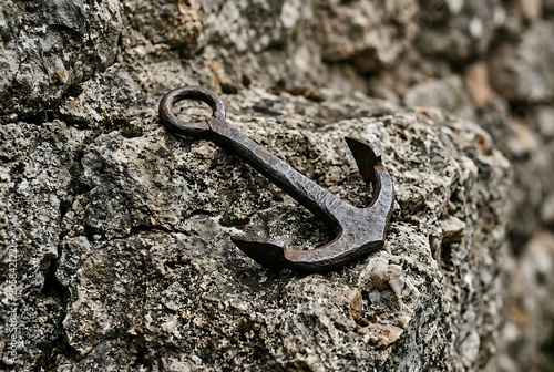 Vintage rusty hand-forged iron anchor resting on a textured stone surface
