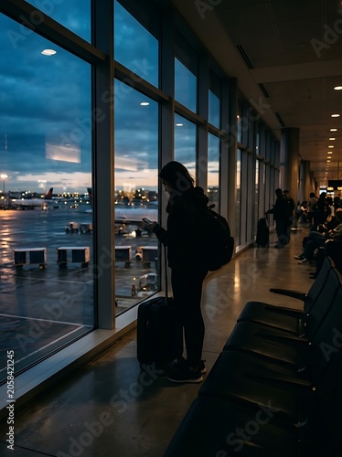 Silhouetted Traveler Checking Phone by Airport Terminal Windows at Dusk