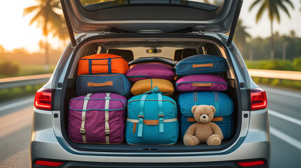 Colorful travel luggage and teddy bear in open car trunk on malaysian highway at sunset, family staycation road trip concept