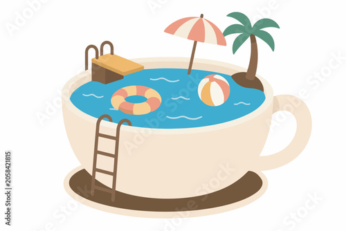 Creative illustration of a swimming pool inside a giant coffee cup with beach elements. 