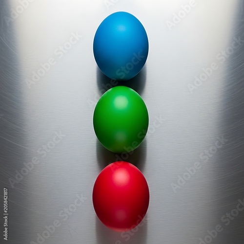 Colorful Painted Eggs Arranged Vertically on Brushed Metal Surface