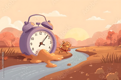 Melting clock with running mouse, time concept illustration