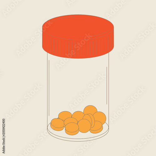 Clear glass jar with orange lid holding small yellow pills or capsules