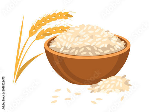 Bowl of white rice with rice stalks and scattered grains