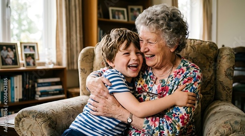 Happy Grandmother Hugging Laughing Grandchild in Cozy Living Room