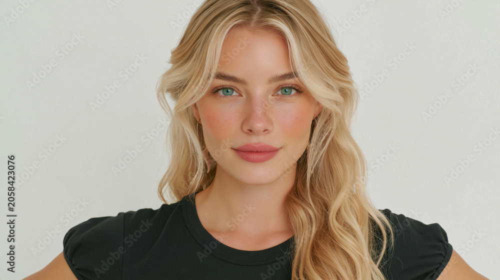 Naklejka premium blonde woman full body portrait with green eyes, young ukrainian blonde woman standing confidently, attractive fair skinned woman isolated full length