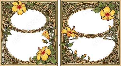 Ornate Art Nouveau Floral Frames with Yellow Hibiscus on White Background