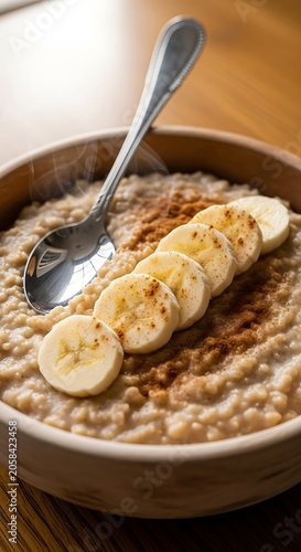 Warm Oatmeal Bowl Topped with Banana Slices and Cinnamon on Wooden Table