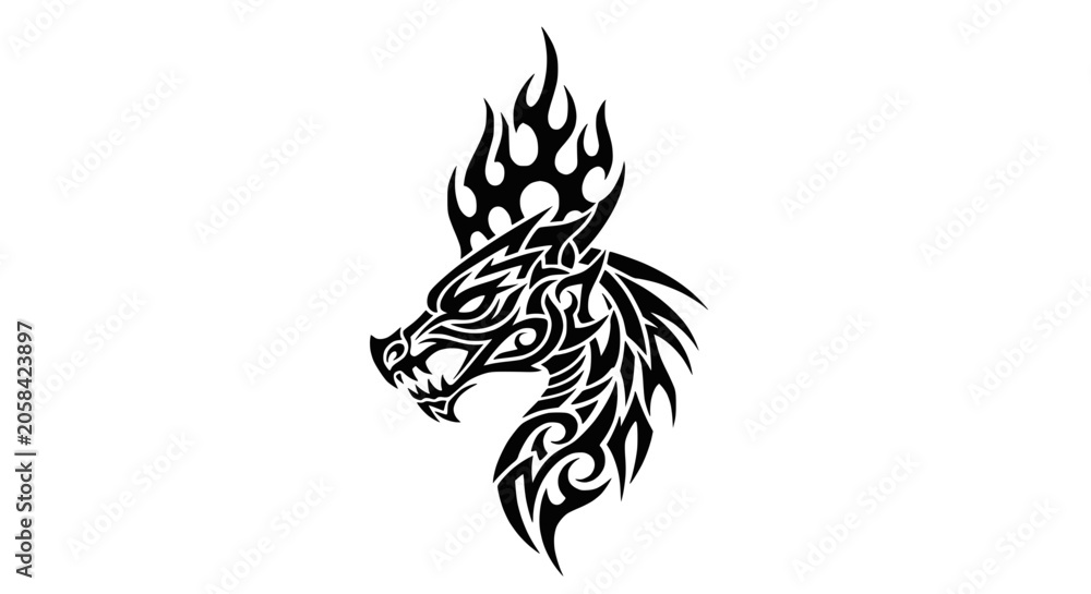 Fototapeta premium Tribal Dragon Head Tattoo Design, Fiery and Fierce
