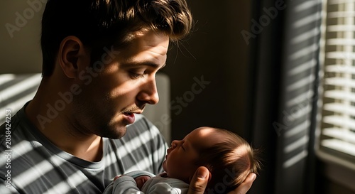 Tender Young Father Holding Newborn Baby Beside Sunlit Window Blinds