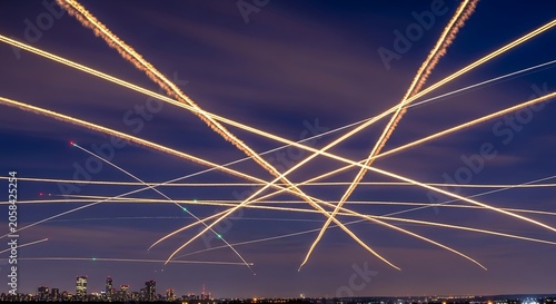 Bright Golden Light Trails Crossing Night Sky Above Distant City Skyline