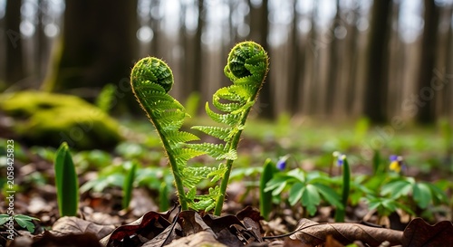Young Green Fern Frond Emerging From Leaf Litter in Sunlit Spring Forest