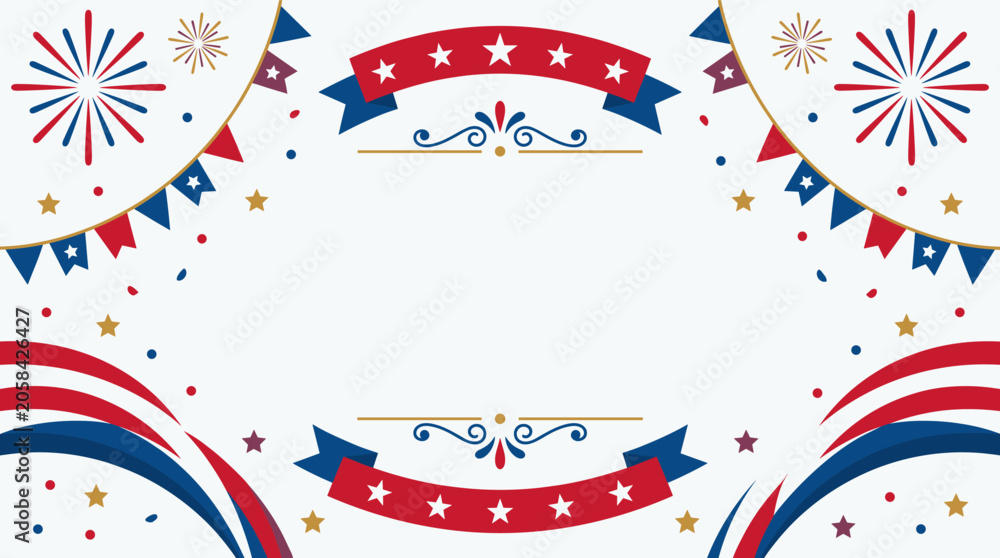 Obraz premium Patriotic frame with red white and blue ribbons stars and fireworks