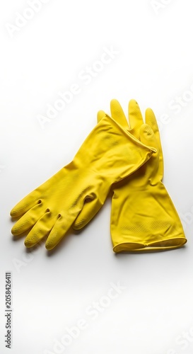 Bright Yellow Rubber Cleaning Gloves Arranged on White Background