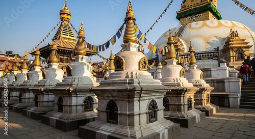 Golden Buddhist Stupas Standing Beneath Prayer Flags in Historic Temple Courtyard