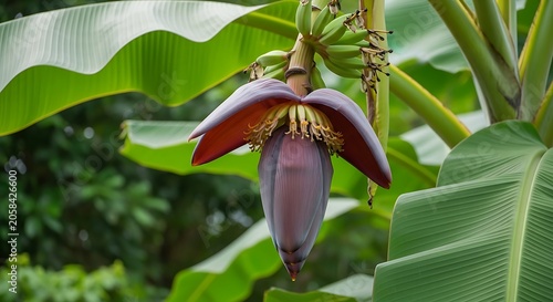 Purple Banana Blossom Hanging Among Lush Green Tropical Leaves in Garden
