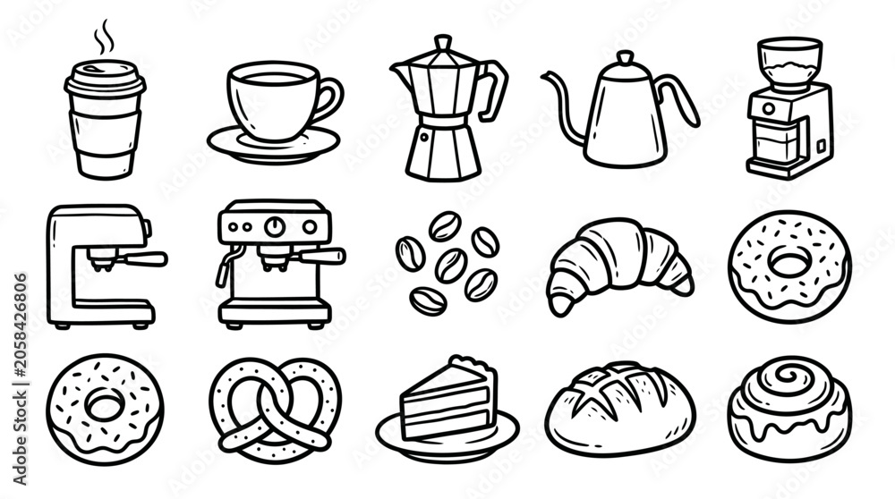 Fototapeta premium Coffee shop and bakery hand drawn doodle icons set