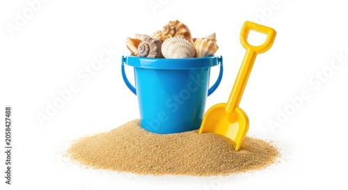 Blue plastic bucket with seashells and yellow shovel in sand isolated on white background