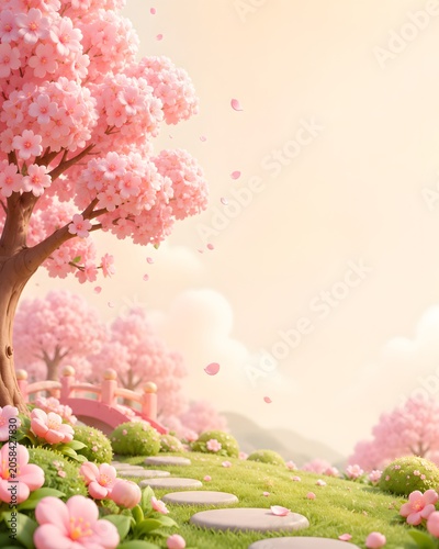 Cute Cherry Blossom Garden Background With Copy Space