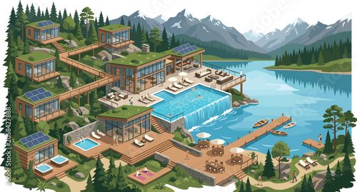 Fotografi Modern eco resort vector illustration featuring luxury hillside cabins infinity