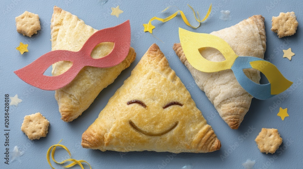 Fototapeta premium Smiling pastry with masquerade masks celebrating festive party delights