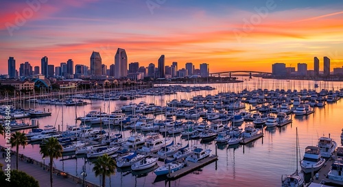 Colorful Marina Filled with Boats at Sunset Beside Modern City Skyline