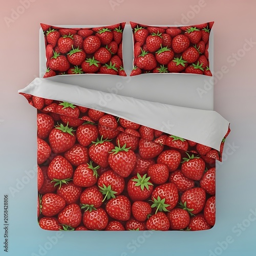 Vibrant Strawberry Pattern Bedding Arranged on Bed in Minimal Bedroom