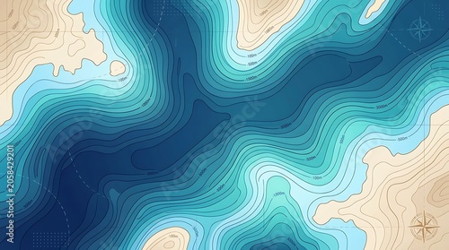 Abstract Blue Topographic Ocean Map with Coastal Contour Lines