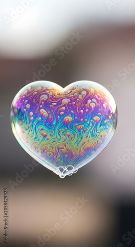 Colorful Heart Shaped Soap Bubble Floating Against Blurred Outdoor Background