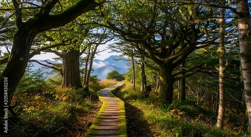 Mossy Wooden Boardwalk Winding Through Sunlit Forest Toward Mountain View
